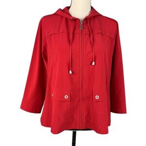 Zenergy by Chico's Red Hooded Jacket Full Zip 3/4 Sleeve, Front Pockets Size S